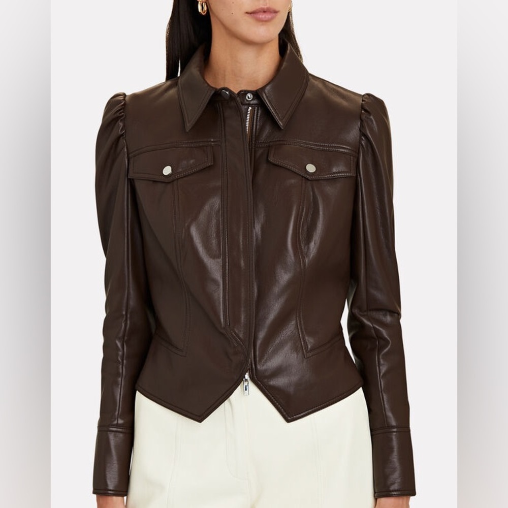 JONATHAN SIMKHAI Wyatt Vegan Leather Jacket in coffee, size medium